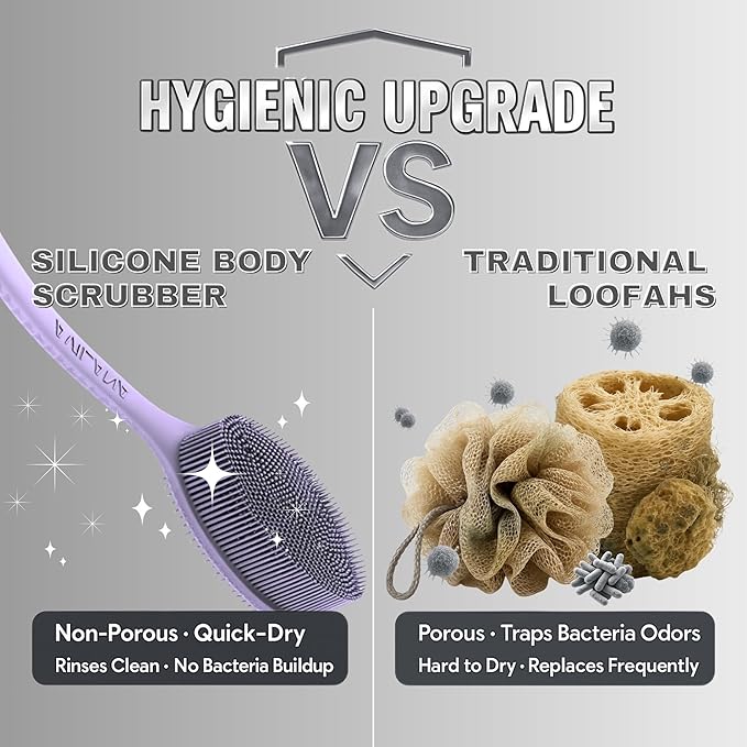 Avilana Silicone Body Scrubber – Gentle Shower Brush & Loofah Alternative- Food Grade & Lab Tested – Fast-Drying, Hygienic, BPA-Free Silicone Body Gentle Exfoliator (Lavender, Long Handle)-Velvo Beauty