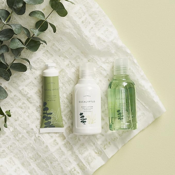 Thymes Travel Set and Beauty Bag - Contains Body Wash, Body Lotion & Hand Cream - Eucalyptus-Velvo Beauty