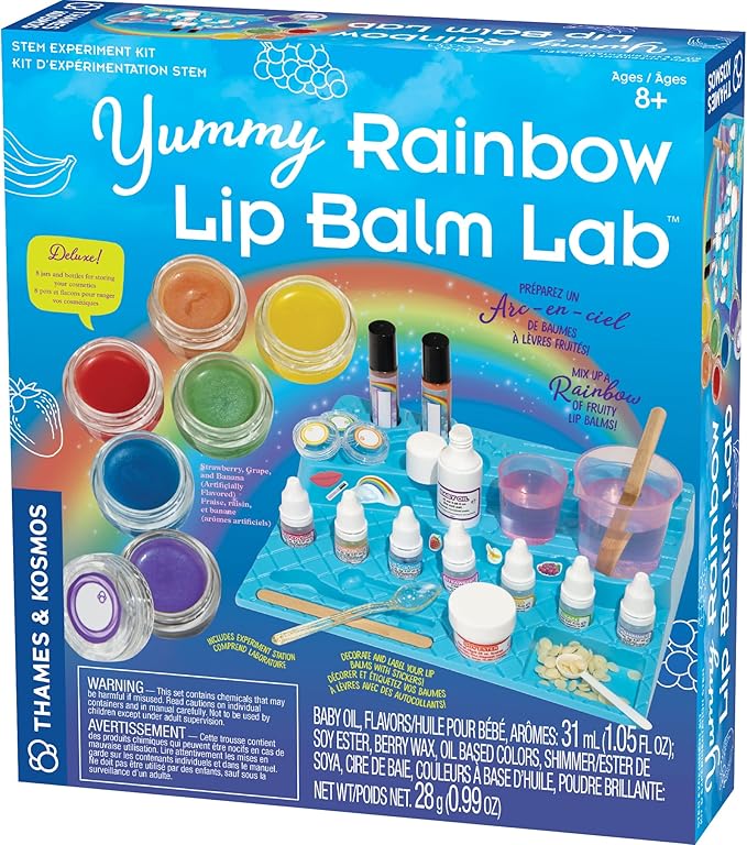 Thames & Kosmos Yummy Rainbow Lip Balm Lab STEM Kit | Make Lip Balms, Glosses | Strawberry, Grape, Banana Flavors & Cosmetic Jars | Chemistry & Biology of Skin Care | 2-Language (EN/FR)-Velvo Beauty