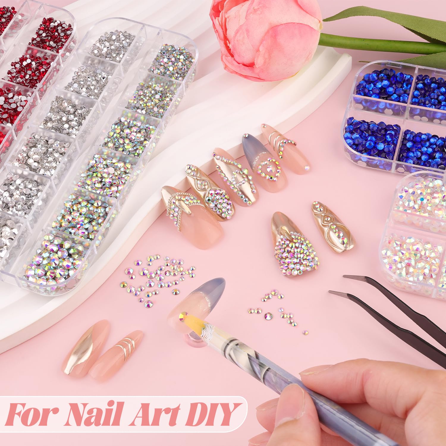 3600pcs Glass Transparent White Nail Rhinestones 6 Sizes(1.8/2/2.4/2.8/3/4mm) Flatback Crystal Nail Charms Jewels Decoration for Nail Art and Crafting, Tweezer and Pickup Pen included-Velvo Beauty