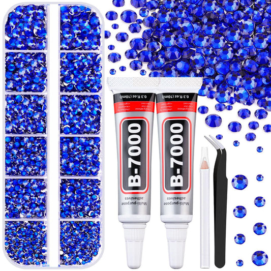 6100Pcs Royal Blue Rhinestones for Crafting with 2Pcs 10ml B7000 Jewelry Glue, 1 Box Flatback Crystals Diamond for Bedazzling Crafts DIY Nail Art Resin Gems for Clothing Shoes-Velvo Beauty