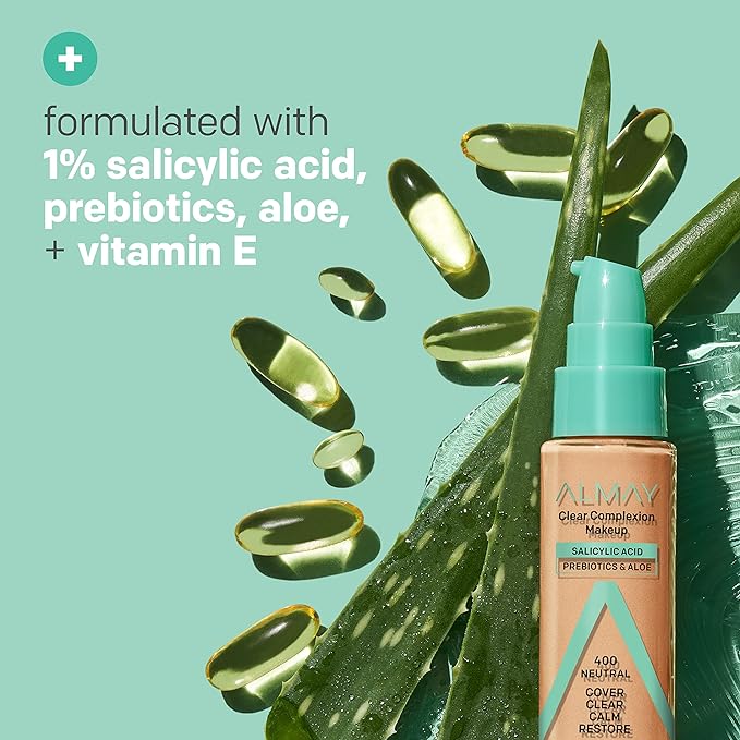 Almay Clear Complexion Acne Foundation Makeup with Salicylic Acid - Lightweight, Medium Coverage, Hypoallergenic, Fragrance-Free, for Sensitive Skin, 910 Mocha, 1 fl oz.-Velvo Beauty