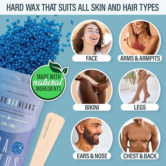 Tress Wellness Waxing Kit for Sensitive Skin – Safe for Face & Skin, Prep & Aftercare Spray, Easy to Use – At-Home Kit for Face, Bikini, Brazilian & Full Body - Digital Display, Blue Water-Velvo Beauty