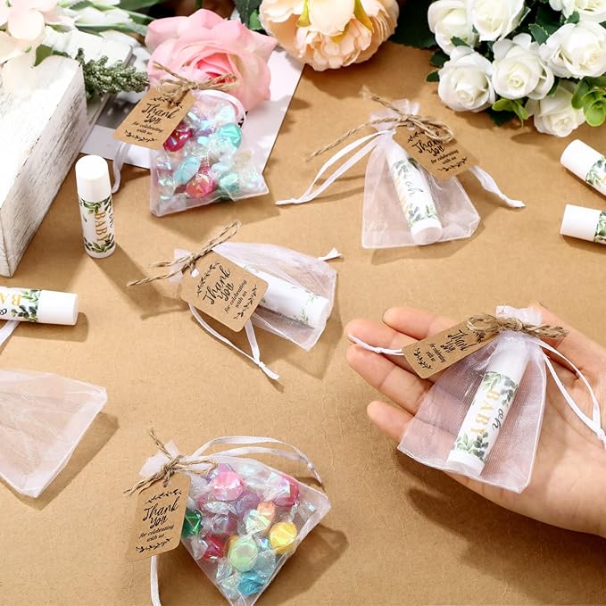 Demissle 50 Pcs Baby Shower Lip Balm Gift Set with 100 Pcs Organza Bags Baby Shower Party Favor for Guest Thank You Tag Rope Baby Shower Party Decoration Gender Reveal Souvenirs (Leaves)-Velvo Beauty