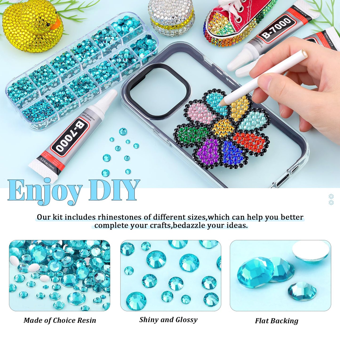 6000Pcs Resin Rhinestones for Bedazzling with 3Pcs B7000 Jewelry Glue, 1 Box Teal Blue Flatback Rhinestones for Crafting Crafts DIY, Crystals Gems for Clothing Shoes Tumblers Nail Art Makeup-Velvo Beauty