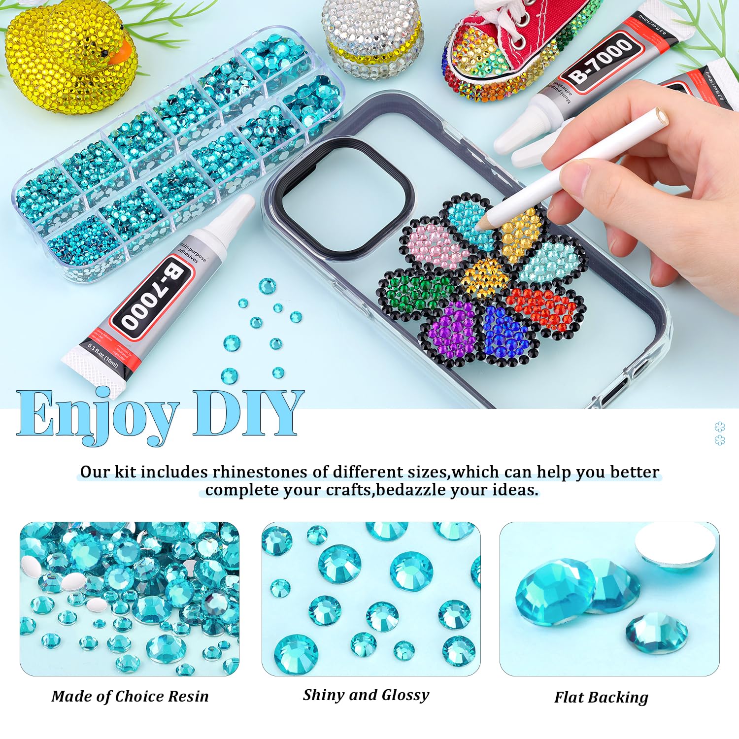 6000Pcs Resin Rhinestones for Bedazzling with 3Pcs B7000 Jewelry Glue, 1 Box Teal Blue Flatback Rhinestones for Crafting Crafts DIY, Crystals Gems for Clothing Shoes Tumblers Nail Art Makeup-Velvo Beauty