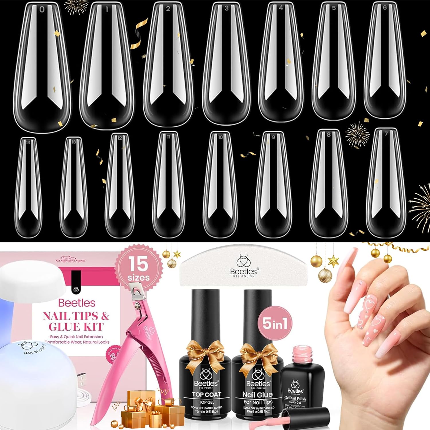 Beetles Gel Nail Kit 600Pcs Long Coffin Nail Tips with Pink Gel Polish Top Coat,15 Sizes Soft Clear Press on Nails 5 In 1 Nail Glue Uv Lamp Easy Nail Extension Set for Women-Velvo Beauty