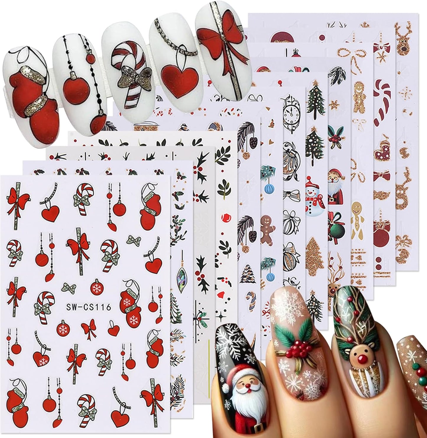 Glitter Christmas Nail Art Stickers 12 Sheets Sparkles Winter Nail Decals 3D Self Adhesive Nail Supplies DIY Santa Claus Gingerbread Man Snowflake Xmas Manicure Decoration DIY Supplies for Women Girl-Velvo Beauty