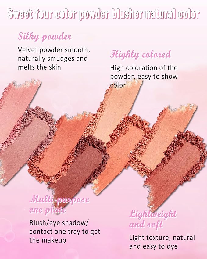Matte Face Blush Palette Kit with Brush-4 Colors Pink Purple Orange Silky Mineral Blendable Blusher Contour Powder for Cheeks,Longlasting Professional Facial Beauty Makeup Gift for Women Girl-Set 01-Velvo Beauty