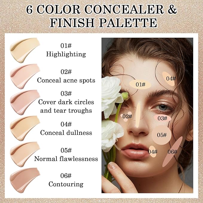 6 Colors Correcting Concealer Cream Contour Palette,Long Lasting Concealer Cream Makeup Palettes with Concealer Brush,Multi-purpose Contouring Liquid Foundation Makeup Kit-Velvo Beauty