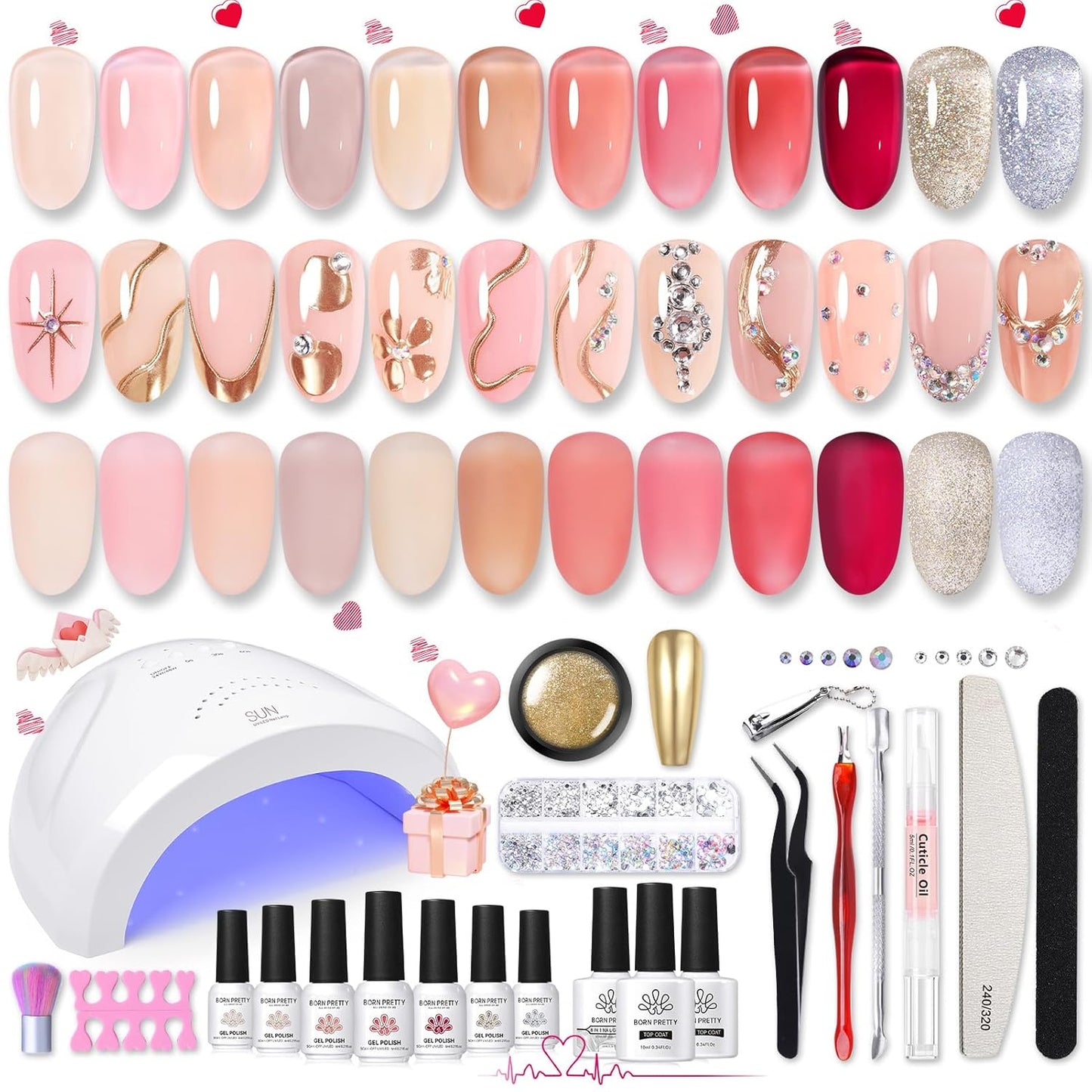 Born Pretty 28Pcs Jelly Gel Nail Polish Kit With U V Light 48W Nail Lamp 12 Colors Jelly Pink Nude Neutral Gel Polish Set with Base/Top Coat Manicure All-In-One Nail Gel Kit Ideal Gifts-Velvo Beauty