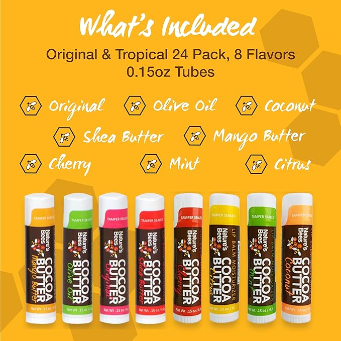Nature's Bees 24 Pack Lip Balm, Natural Ingredient Lip Balm Bulk, Lip Care Product, Lip Balm for Dry Cracked, Lips, Made in the USA, 8 Flavors, 0.15oz (4.2 g)-Velvo Beauty