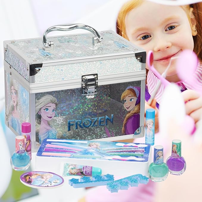 Disney Frozen Train Case Girls Beauty Set, Kids Makeup Kit for Girls, Real Washable Toy Makeup Set, Frozen Gift, Play Makeup, Pretend Play, Party Favor, Birthday, Toys Ages 3 4 5 6 7 8 9 10 11 12-Velvo Beauty