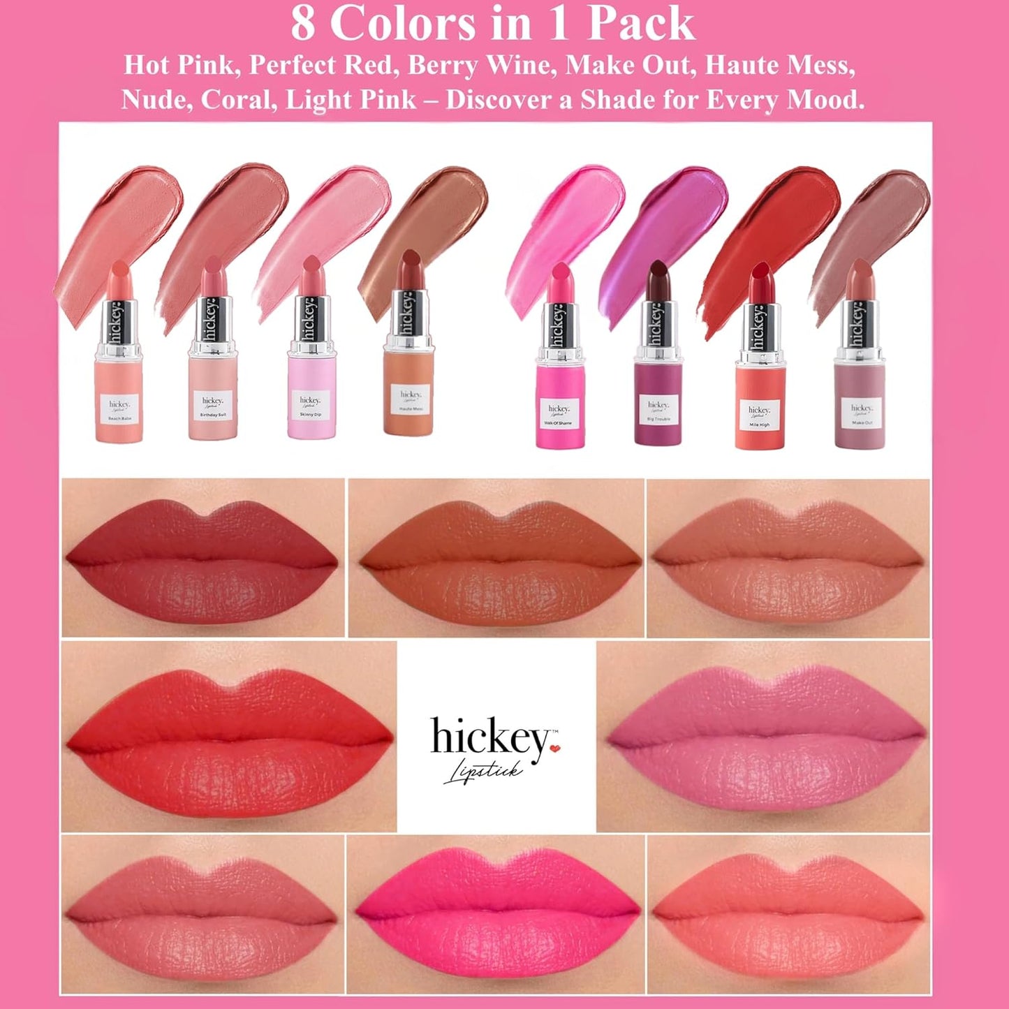 Hickey Lipstick Organic, Long Lasting Gluten Free Lipstick REFILL Collection THE VAULT COLLECTION - 8 Refill Shades Red, Hot Pink, Nude, Light Pink, Coral, Berry, Mauve, Terracotta-Velvo Beauty
