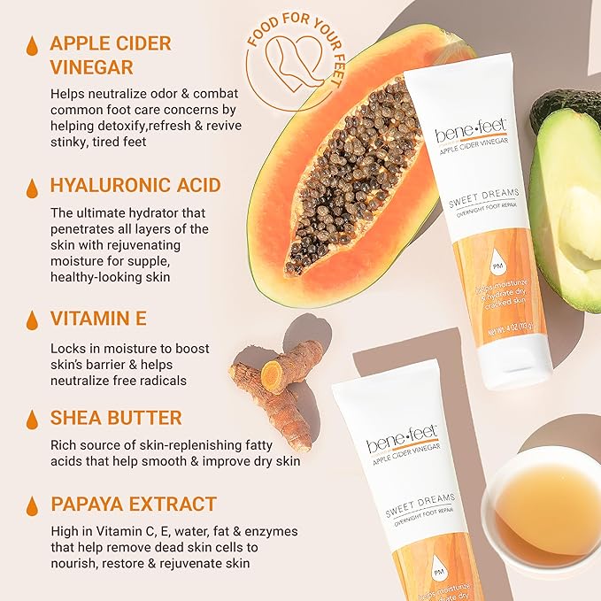 Benefeet Sweet Dreams Overnight Foot Repair - Night Cream for Detox, Moisturize & Soften Dry Cracked Skin, With Apple Cider Vinegar, Turmeric & Borage Oil, 4oz (2 Pack)-Velvo Beauty