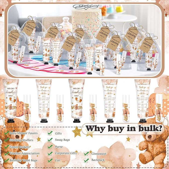 50 Sets 200 Pcs Baby Shower Hand Lotion and Lip Balm Gift Theme Baby Shower Party Favors Travel Size Hand Lotion and Lip Balm Bulk with Organza Bags Tags(Bear)-Velvo Beauty