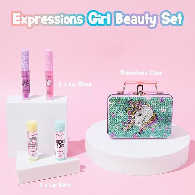 Expressions 5pc Cosmetics Lip Kit For Kids w/Lip Glosses, Lip Balms & Tin Box Storage Case I Believe in Unicorns Rhinestone,Washable + Non Toxic-Velvo Beauty