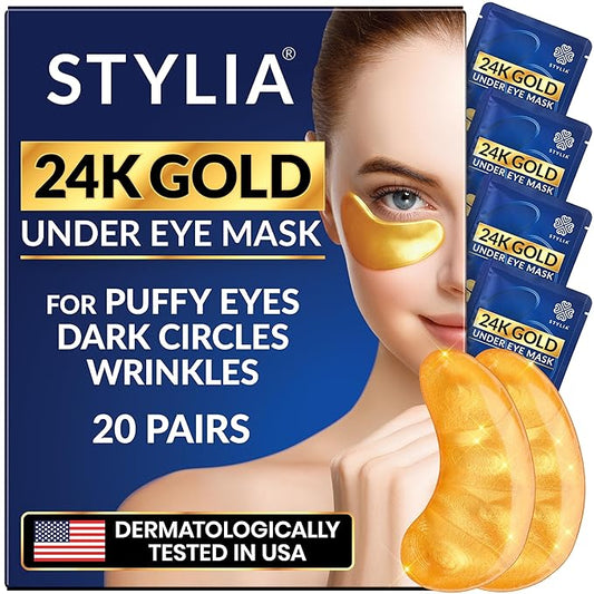 Stylia Under Eye Patches for Puffy Eyes and Dark Circles (20 Pairs) - 24k Gold Under Eye Mask with Vitamin C, Hyaluronic Acid, Pearl Extract - Eye Masks for Dark Circles and Puffiness-Velvo Beauty