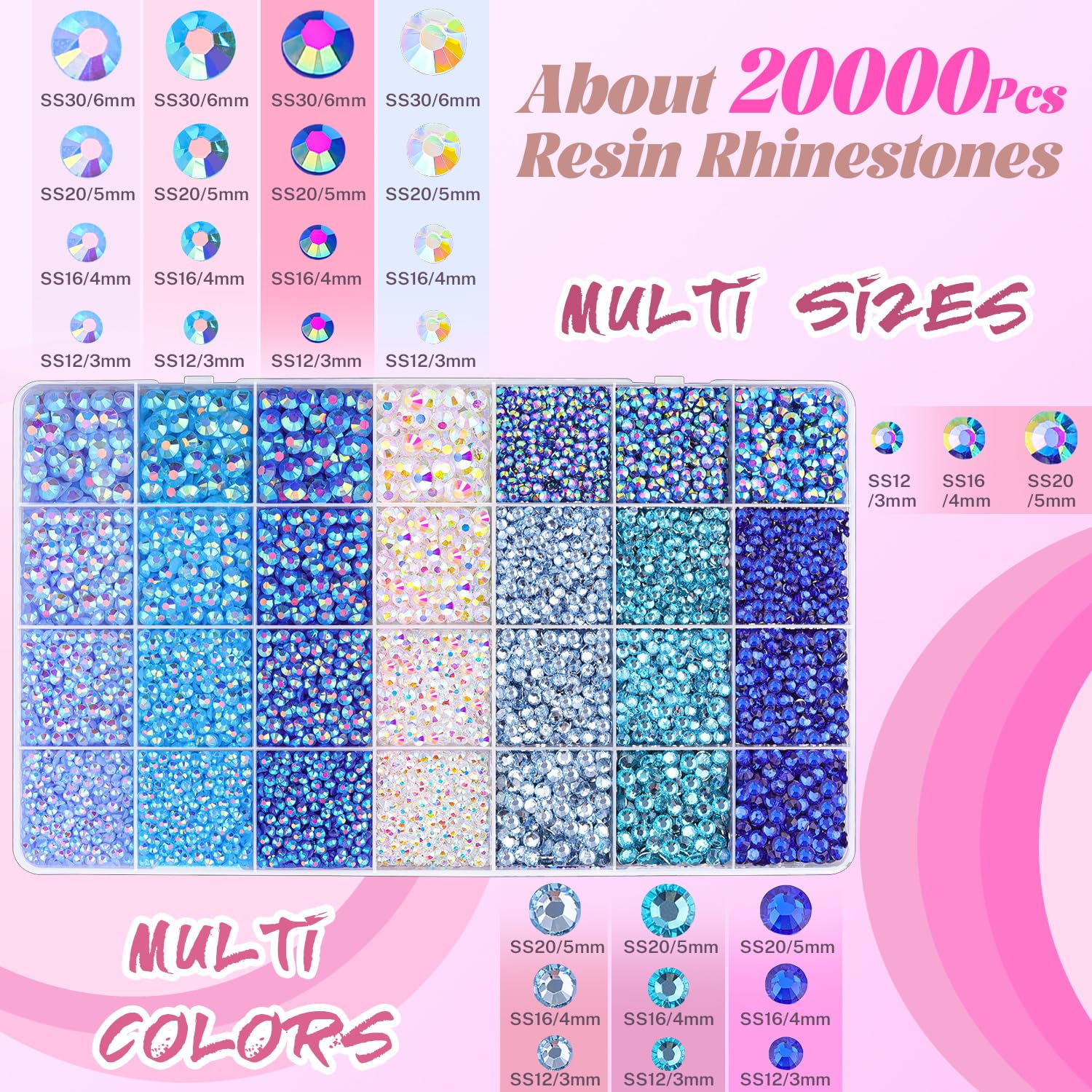 20000Pcs Blue Rhinestones for Bedazzling with 1Pcs B7000 Jewelry Glue, Resin Rhinestones for Crafting Crafts DIY, Bedazzler Kit Gems for Clothing Shoes Tumblers Nail Art Assorted Size 3/4/5/6mm-Velvo Beauty