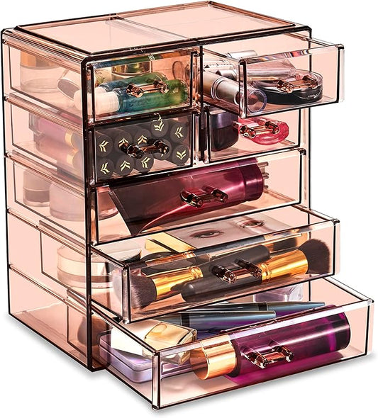 Sorbus Acrylic Clear Makeup Organizer - Big & Spacious Cosmetic Display Case - Stylish Designed Jewelry & Make Up Organizers and Storage for Vanity, Bathroom (4 Large, 2 Small Drawers) [Bronze Glow]-Velvo Beauty