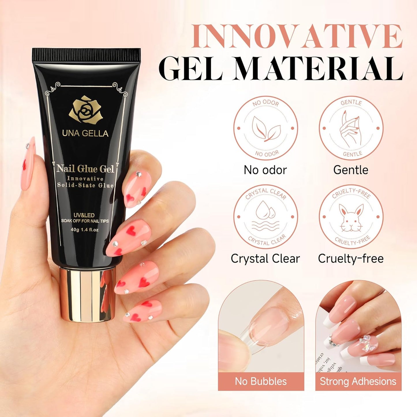 UNA GELLA Gel Nail Glue, Solid Nails Gl ue Gel 40ml Lamp Curing Needed Soak Off G LUE Strong Nail G LUE G el for Acrylic Fake Nails Tips Extension Press On Nails for Gelly Tips-Velvo Beauty