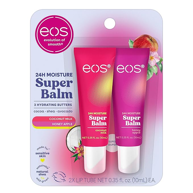 eos 24H Moisture Super Balm- Coconut Milk & Honey Apple, Lip Mask, Day or Night Lip Treatment, Made for Sensitive Skin, 0.35 fl oz, 2-Pack-Velvo Beauty