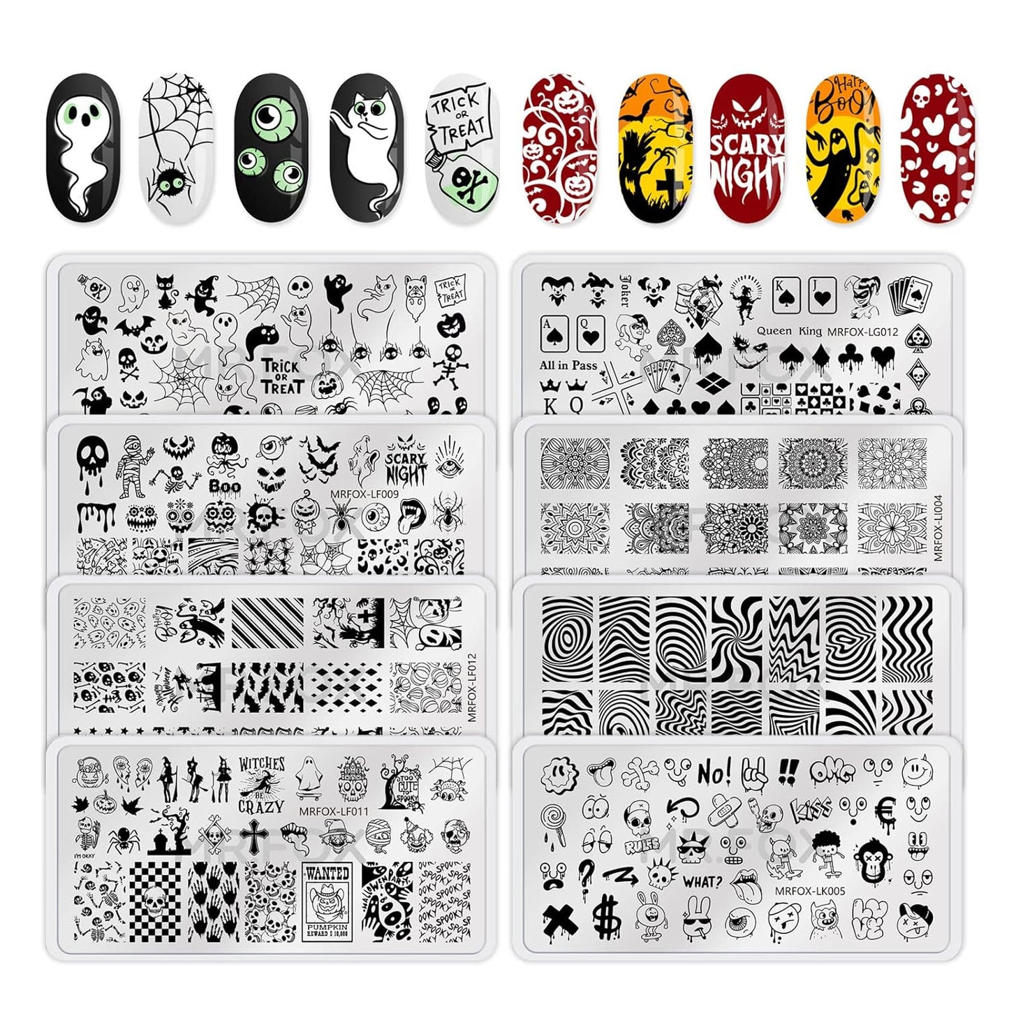 8PCS Halloween Nail Stamping Plates, Pumpkin Skull Bat Poker Image Stainless Steel Stencil, DIY Nail Art Template Tools-Velvo Beauty