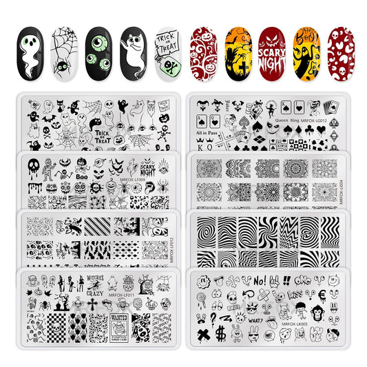 8PCS Halloween Nail Stamping Plates, Pumpkin Skull Bat Poker Image Stainless Steel Stencil, DIY Nail Art Template Tools-Velvo Beauty