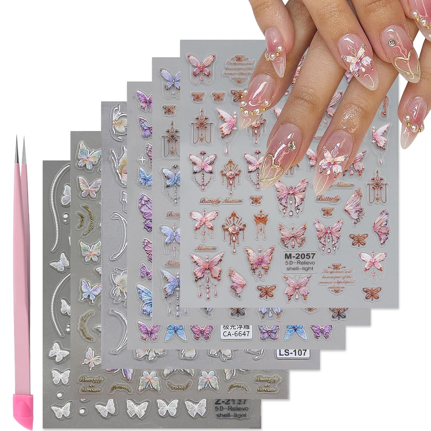 6 Sheets Butterfly Nail Art Stickers Decals 5D Embossed Nail Decals Spring Blue Pink Butterfly Nails Design Self-Adhesive Accessories 3D Nails Stickers for Women-Velvo Beauty