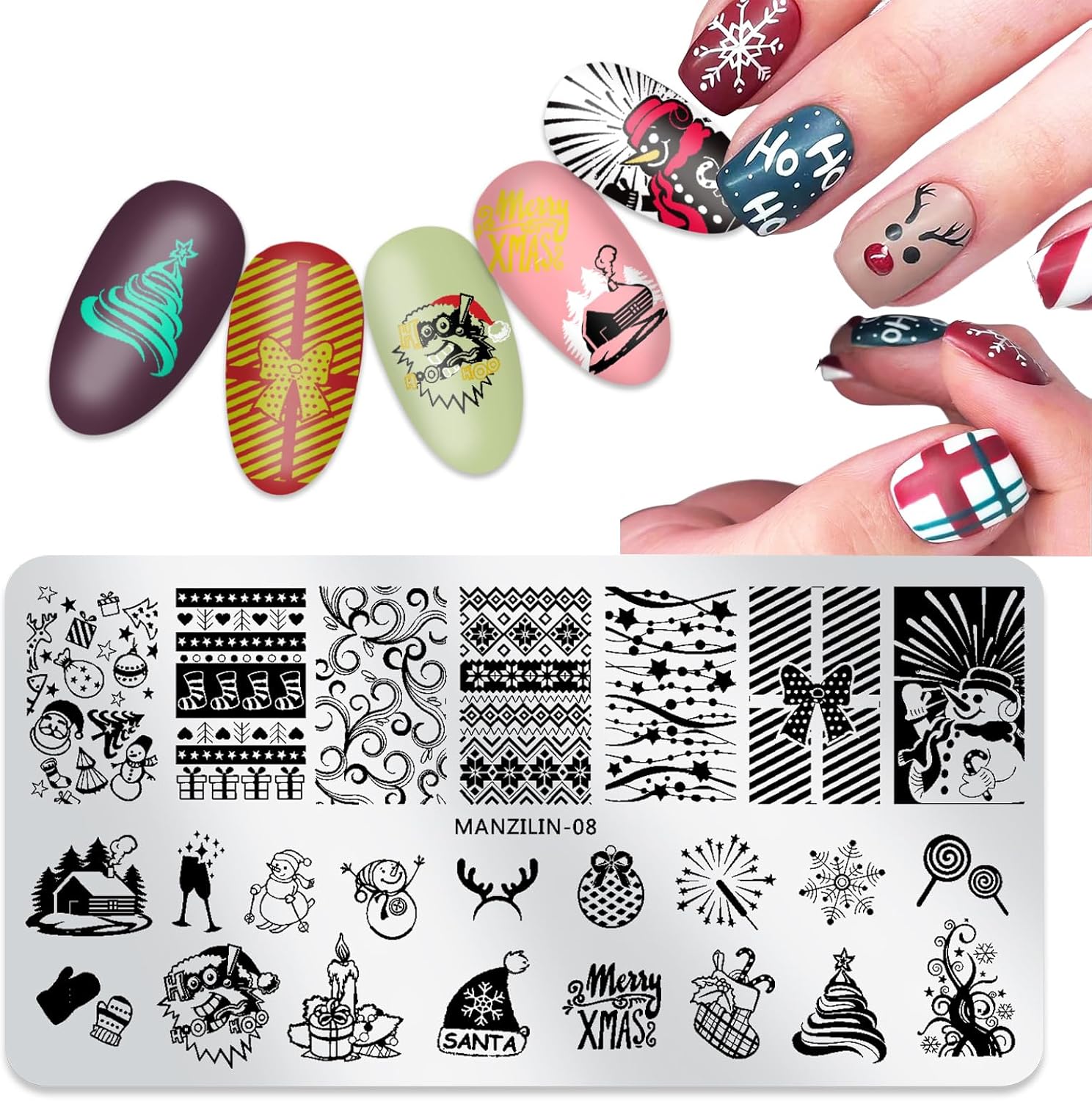 Christmas Nail Stamping Plates - Winter Stamp Kit with Snowflake, Santa Claus, Christmas Tree, Elk & Candy Bells Designs - DIY Stainless Steel Nail Image Polish Template Kit (8Pcs)-Velvo Beauty
