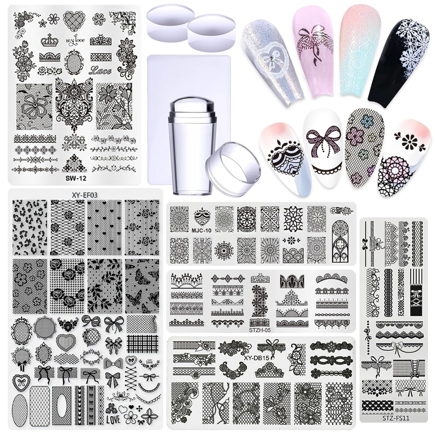 6pcs Lace Flower Design Nail Stamping Plate Kit With French Tip Nail Stamper Kit Ribbon Bow Knot Nail Stencil Reusable Stainless Steel Manicure Tool Nail Supplies for Salon DIY-Velvo Beauty