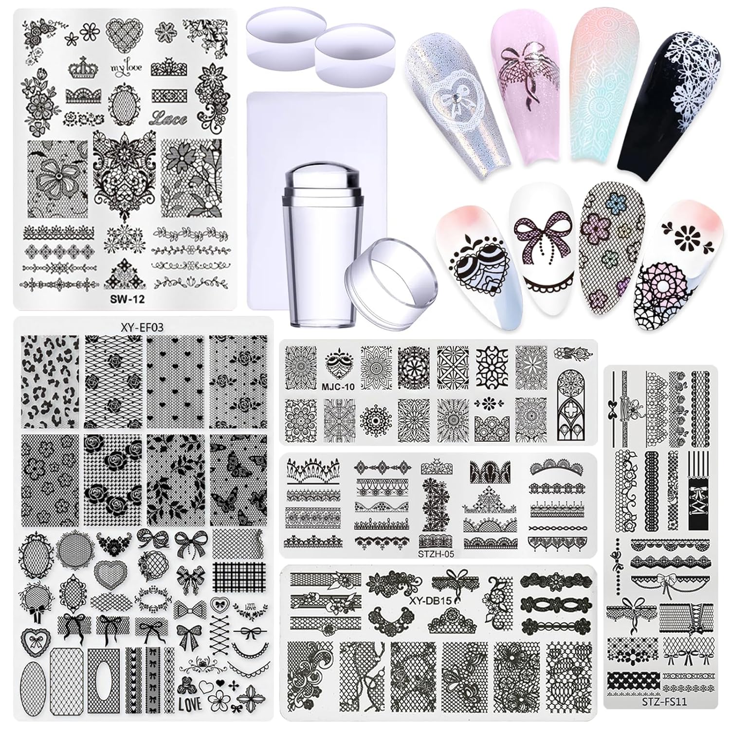 6pcs Lace Flower Design Nail Stamping Plate Kit With French Tip Nail Stamper Kit Ribbon Bow Knot Nail Stencil Reusable Stainless Steel Manicure Tool Nail Supplies for Salon DIY-Velvo Beauty