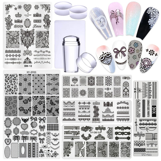 6pcs Lace Flower Design Nail Stamping Plate Kit With French Tip Nail Stamper Kit Ribbon Bow Knot Nail Stencil Reusable Stainless Steel Manicure Tool Nail Supplies for Salon DIY-Velvo Beauty