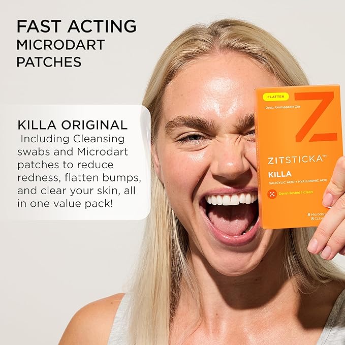 ZitSticka Killa Pimple Patches for Face - World's Most Potent Pimple Patch with Fast-Acting Microdarts - Starts Working within 6 Hours for Deep, Early-Stage Zits - Regular 8 Count with Cleana Swab-Velvo Beauty
