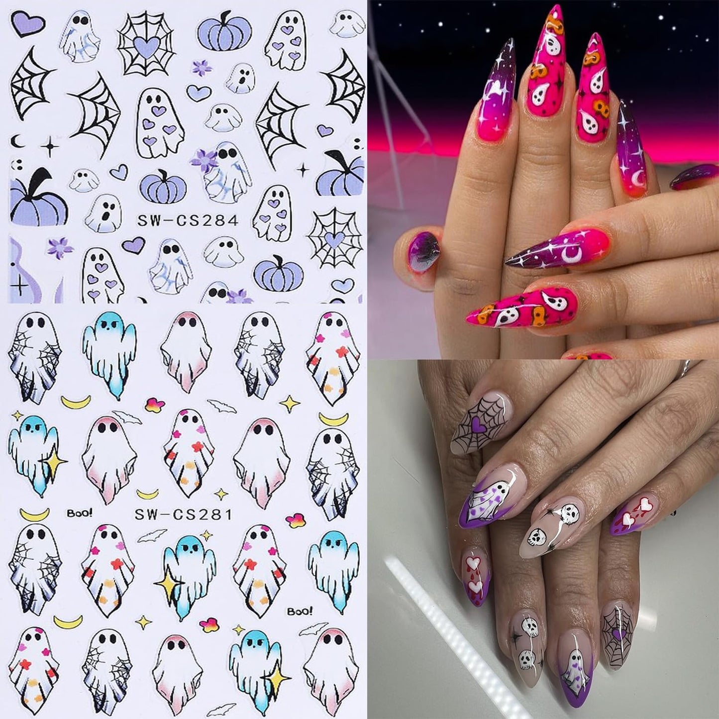6 Sheets Halloween Nail Art Stickers 3D Self -Adhesive Cute Ghost Pumpkin Nail Decals Holographic Heart Spider Web Skeleton Flame Nail Stickers Halloween Nail Decoration for Women Manicure Supplies-Velvo Beauty