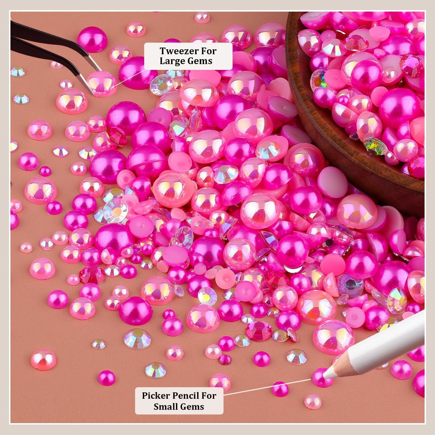80g Flatback Pearls and Rhinestones for Crafting, Dark Pink 3-10mm Resin Rhinestones and Half Pearls for Bedazzling, Nail Art and Dec with 3pcs 10ml B7000 Jewelry Glue, Tweezer and Pickup Pencil-Velvo Beauty