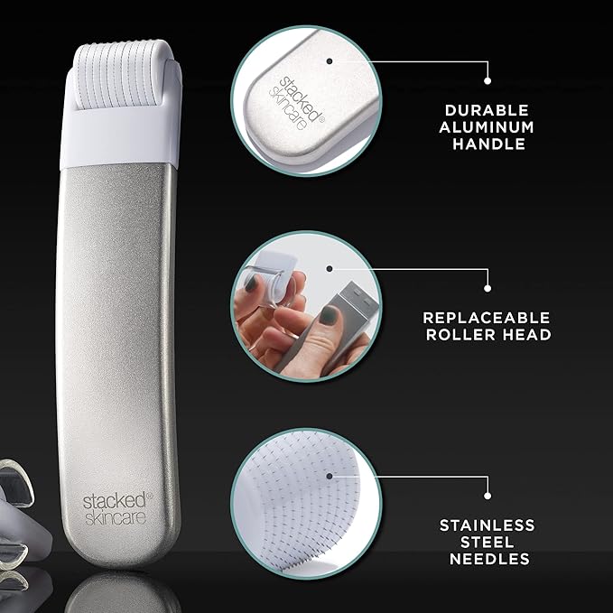 StackedSkincare Microneedling Roller with Replaceable 0.2mm Stainless Steel Needle Head - Gentle Micro Needle Roller for Face, Scalp & Body - Ergonomic Aluminum Handle for Smooth, Even, Radiant Skin-Velvo Beauty