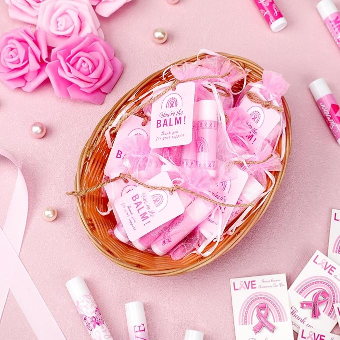 100 Set Pink Ribbon Breast Cancer Awareness Gifts Bulk, 100 Lip Balms, 100 Organza Gift Bags and 100 Tags Perfect for Charity Events, Survivors Awareness Campaigns-Velvo Beauty