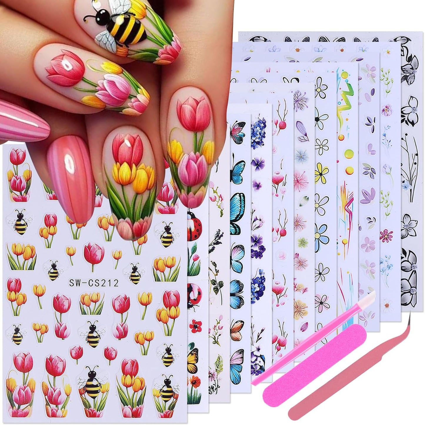 Flower Stickers Nail Art Decals 12PCS Summer Nail Art Designs with Tweezers Tulip Butterfly Leaf Florals Ladybug Decals 3D Self-Adhesive Manicure Simple Nail Stickers for Women Acrylic Nails Supplies-Velvo Beauty