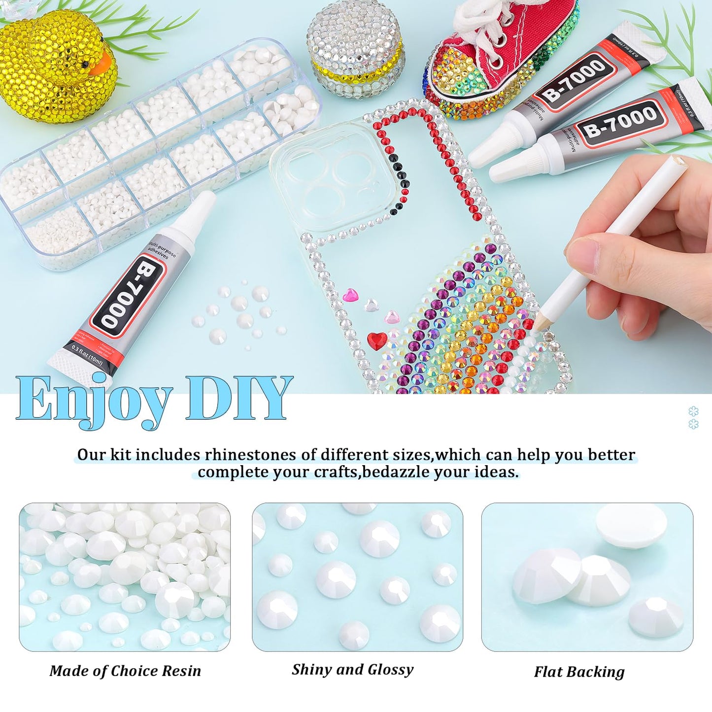 6000Pcs Resin Rhinestones for Bedazzling with 3Pcs B7000 Jewelry Glue, 1 Box White Flatback Rhinestones for Crafting Crafts DIY, Crystals Gems for Clothing Shoes Tumblers Nail Art Makeup-Velvo Beauty
