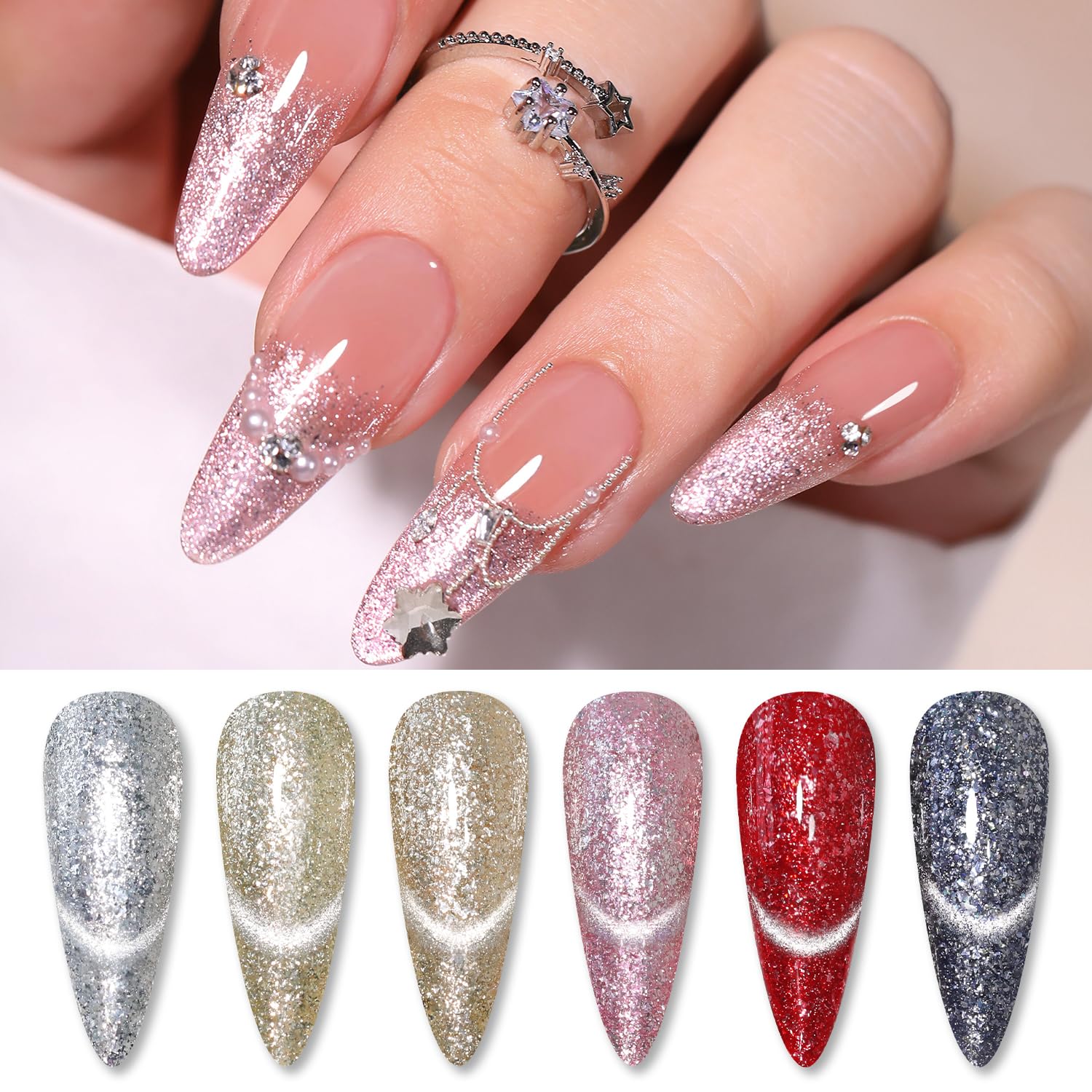 Double Rhythm 6 Colors Cat Eye Gel Polish Set Shimmer Glitter with Magnet Holographic Reflective Magnetic UV Nail Art Kit (6-Kit 32)-Velvo Beauty