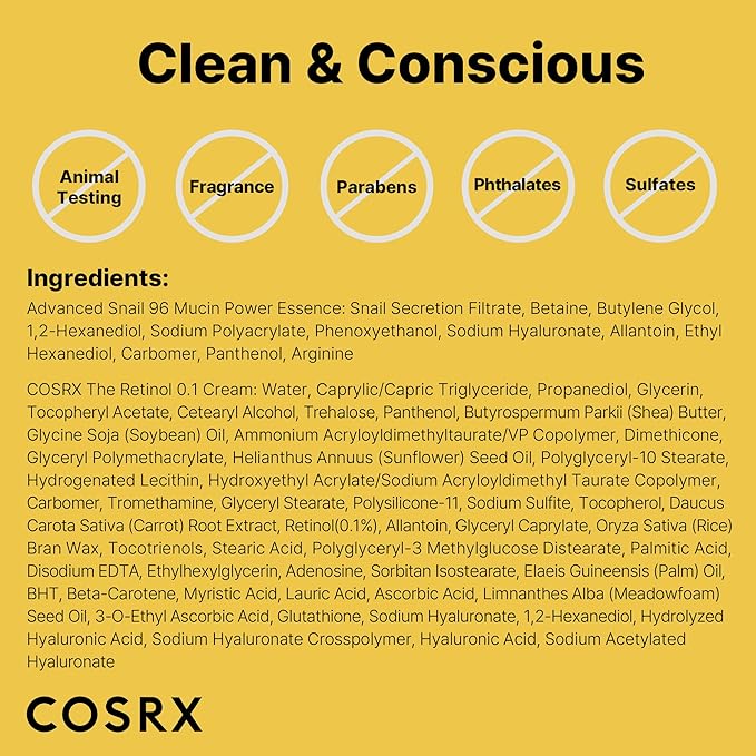 COSRX Glass Skin Korean Skincare Set- Advanced 96% Snail Mucin Serum (3.38fl oz * 2pcs) & Mini Sized 0.1% Retinol Cream for Face (0.1oz)- Korean Skin Care Gift Set, Anti Aging Set-Velvo Beauty
