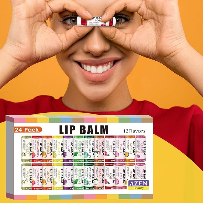 AZEN 24 Pack Lip Balm Stocking, Natural Lip Balm Bulk, Moisturizing Lip Balm for Dry Lips-Velvo Beauty