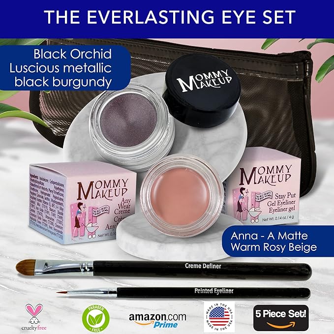 The Everlasting Eye 5 Piece Waterproof Makeup Set. Gel Eyeliner, Creme Eyeshadow, 2 brushes and Mesh Bag. Paraben-free, Talc-free, Cruelty-free. Anna/Amethyst 1206-Velvo Beauty
