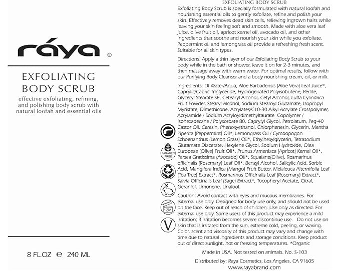RAYA Exfoliating Body Scrub 8 oz (S-103) | Exfoliating, Refining, and Polishing Body Scrub | Made with Natural Loofah and Essential Oils | Relieves Ingrown Hairs-Velvo Beauty