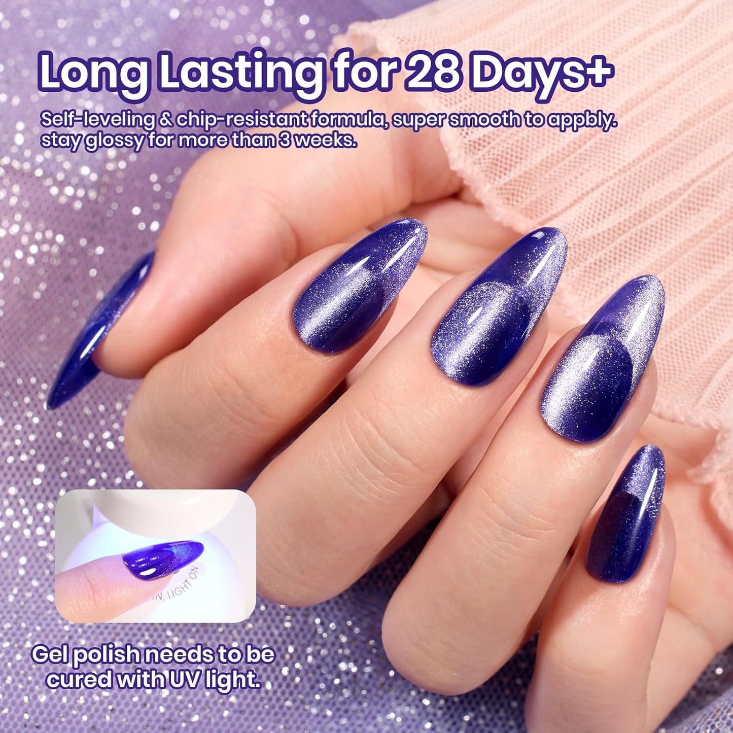 Beetles Cat Eye Gel Nail Polish, 15ML Purple Cat Eye Holographic Glitter Gel Polish with Magnet Soak Off UV Shimmer Velvet Gel Celestial Veil Series French Nail Art Design Manicure Gifts for Women-Velvo Beauty