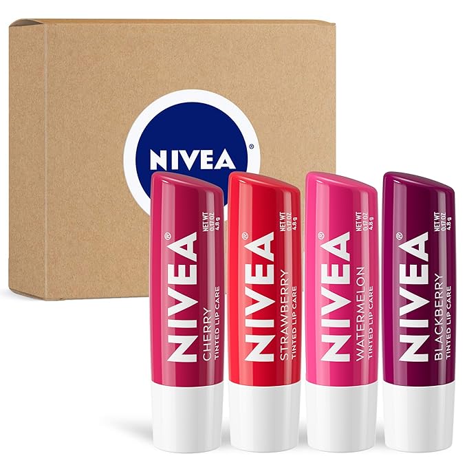 NIVEA Lip Care, Fruity Tinted Lip Balm Variety Pack, Includes Cherry, Strawberry, Blackberry and Watermelon Scents, 0.17 Oz, Pack of 4-Velvo Beauty