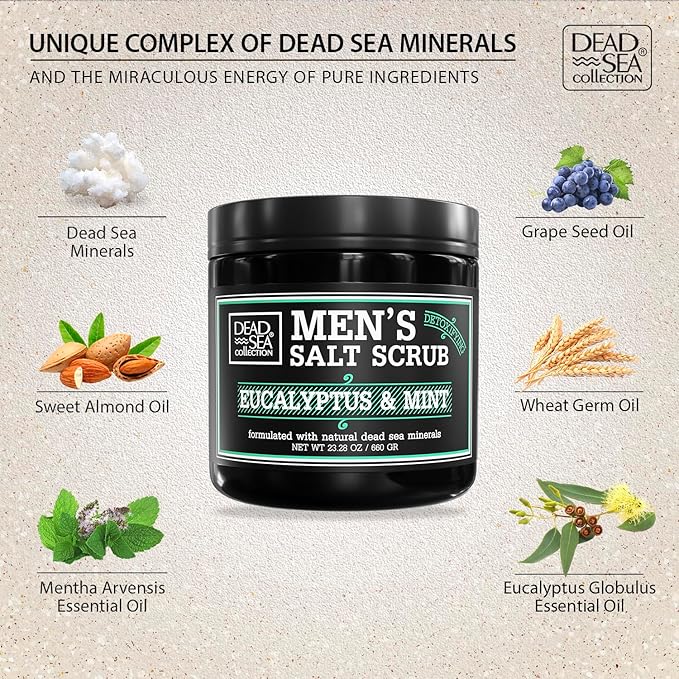 Salt Body Scrub Eucalyptus & Mint For Men– Moisturizes, Exfoliates & Nourishes Skin – Cleanses & Detoxifies with Dead Sea Minerals – Dead Sea Collection - 23.28 OZ-Velvo Beauty