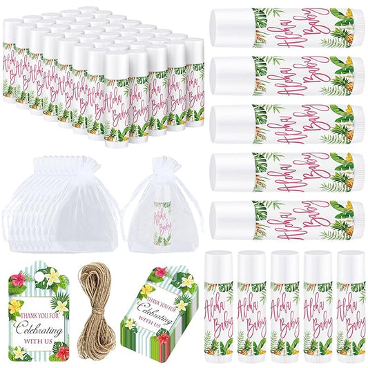 Demissle 50 Pcs Baby Shower Lip Balm Gift Set with 100 Pcs Organza Bags Baby Shower Party Favor for Guest Thank You Tag Rope Baby Shower Party Decoration Gender Reveal Souvenirs (Tropical)-Velvo Beauty