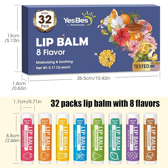 32 Pack Lip Balm, Natural Lip Balm Bulk with Vitamin E and Coconut Oil, Moisturizing Lip Balm for Dry Cracked Lips, Lip Balm for Stocking Stuffers - 8 Flavors-Velvo Beauty